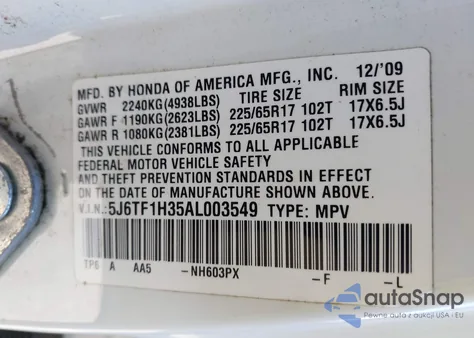 2010 Honda Accord Crosstour Ex from USA, damaged, VIN 5J6TF1H35AL003549